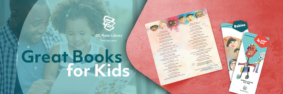 Header that contains the page title, Great Books for Kids. In the background a parent reads with a young child, and several images of three printed book lists are scattered