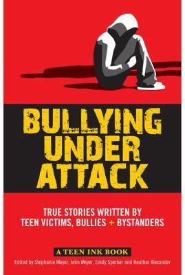 The words Bullying Under Attack, a person hunched over wearing a hoodie, curled in on themselves, the hoodie covering their face