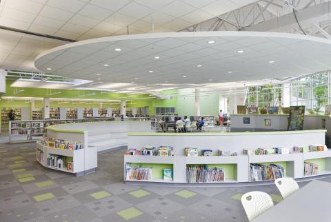round children's area with bookshelves