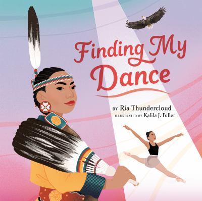 A girl in traditional Native American clothing at the front and then the same girl doing a ballet dance in the spotlight. 