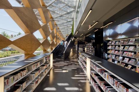 sunlit room with long rows of book shelves