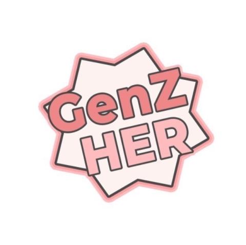 GenZ Her Logo, pink words Gen Z Her in front of a pointed ball of pink