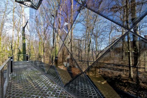 external patio with wall of library reflecting the trees