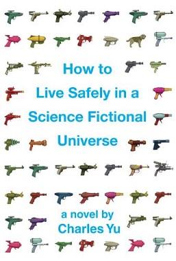 How to live safely in a science fictional universe book cover - text of the title in the center of the page, surrounded by multicolored space laser guns, and also one dog as an anomalous image