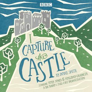 I capture the castle book cover - a dilapidated line drawing of a castle, surrounded by green grass and a blue sky