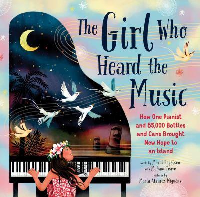A girl with a flower crown sitting at a piano with a design of the sky and birds going across the cover. 