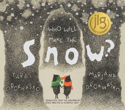 Two penguins surrounded by snow and the word snow written in large white letters