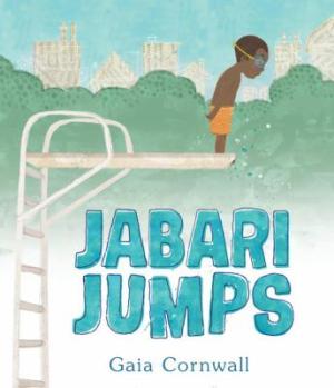 Book cover of Jabari Jumps. Illustration of a young child in a bathing suit and goggles standing on a diving board leaning out over the edge, with trees and a city skyline in the background.