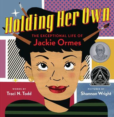 A cover with Jackie Ormes in a green and black striped short. Her eyes are peering upwards as if she's thinking and she has pencils in her hair. 