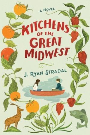 Kitchens of the great midwest book cover - vegetation and friendly looking drawings of animals on the border of the book surrounding two people in the middle sharing a canoe