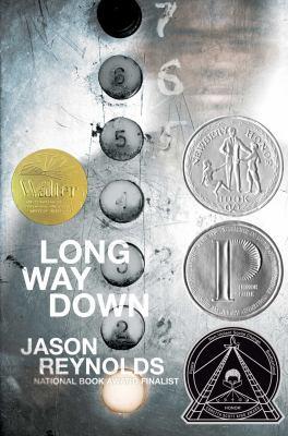 The cover of Long Way Down, a teen boy is reflected in the panel of an elevator buttons