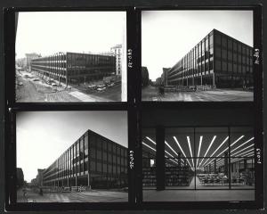 Grid of four black and white images of construction in front of recently completed Martin Luther King Jr. Memorial Library, 1972