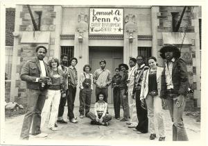 Students from Photojournalism class pose in front of the Lemuel Penn Career Development Center