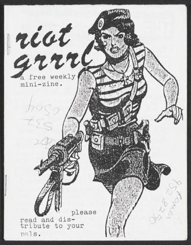 black and white cover of a Riot Grrrl mini zine with a cartoon image of a woman wearing a beret with an automatic weapon