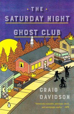 Saturday Night Ghost Club Book Cover, an aerial view of a suburban night scene with a house, a moon, and three friends in costume
