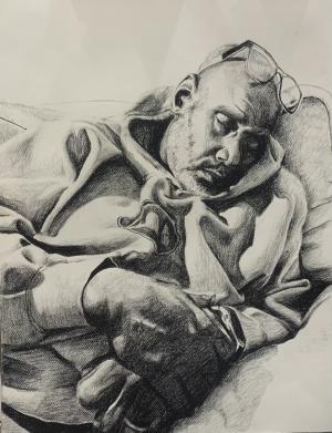 A charcoal drawing of a middle aged man sleeping on a couch