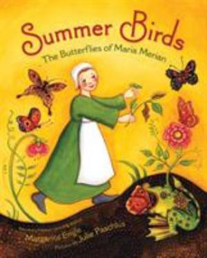 Book cover of Summer Birds. Illustration of a woman in a green dress and white apron and bonnet holding plants among butterflies and foliage, with a yellow background.