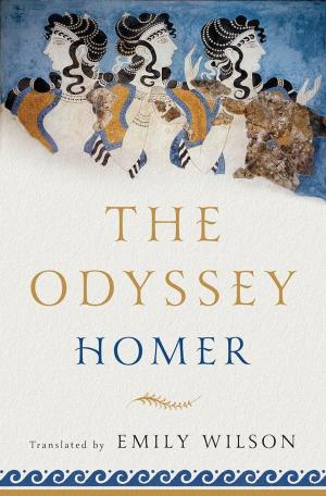 The odyssey book cover - features three iconographic Greek women at the top of the page, looking like sculptural images in 2d