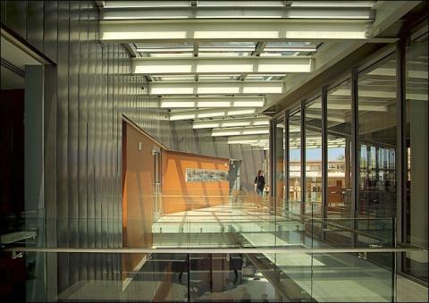 sunlit hallway with glass windows on one side and a wall on the other