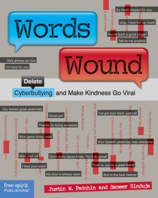 The title "Words Wound" in speech bubbles that look like text message bubbles. A collage of text messages in the background