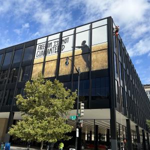 Installation of Freedom is Not Guaranteed by Xaviera Simmons on the MLK Library exterior, 2023