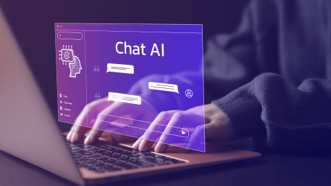 Chat AI screen with a person typing on a keyboard