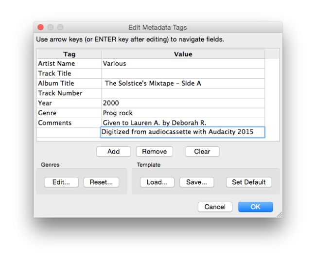 Audacity metadata window