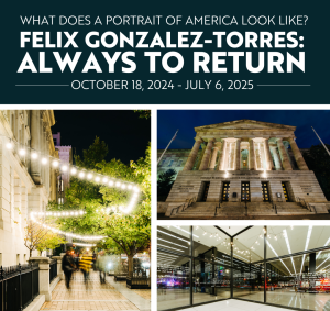 Felix Gonzalez-Torres Always To Return web graphic with three views of strings of lights installed at night at the National Portrait Gallery, on 8th Street NW, and MLK Library