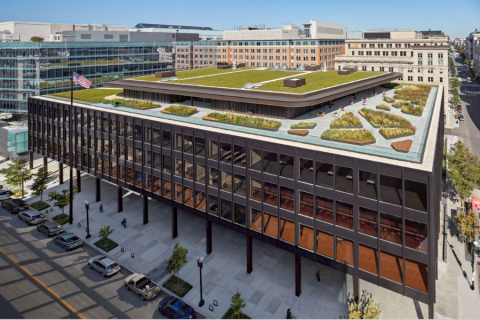 Architectural rendering of the external facade of the Martin Luther King Jr. Memorial Library