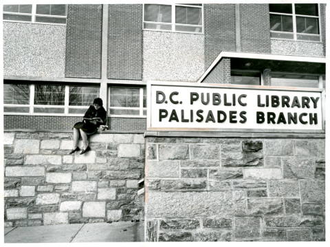 DC Public Library Palisades Branch with a woman reading books sitting on the rock wall