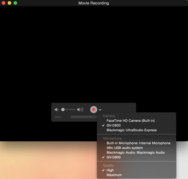 Quicktime Input Settings window
