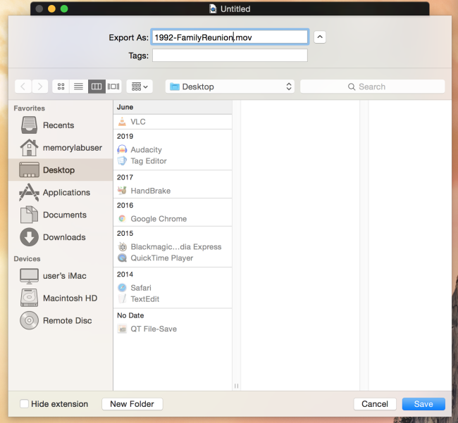 Quicktime Save Settings window