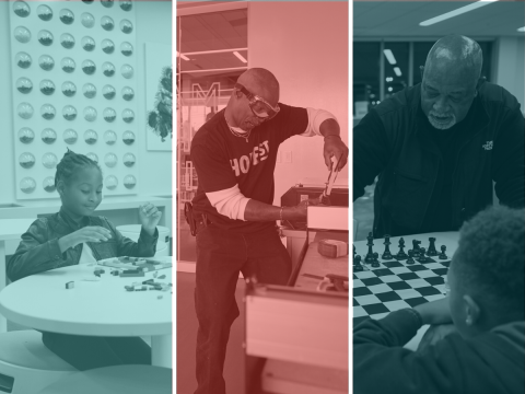 Three images of people enjoying a library, a girl playing with legos, a man using tools in a shared workshop and a teacher teaching three children to play chess.