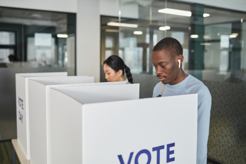 Man and woman stand next to each other at ballot boxes that say "vote" on the side