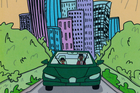 Illustration of a young boy and his father in a green car with a city and mountains behind them.