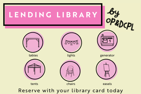 Lending Library graphic with illustrations of a table, lights, generator, tent, chair, and easle